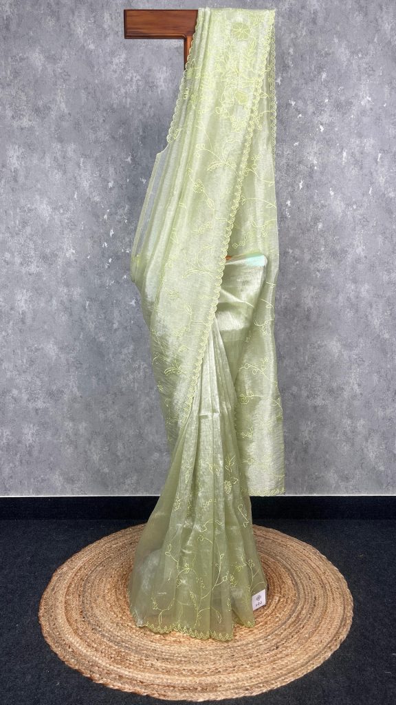 SEMI ORGANZA APPLIQUE EMBROIDERY SAREE