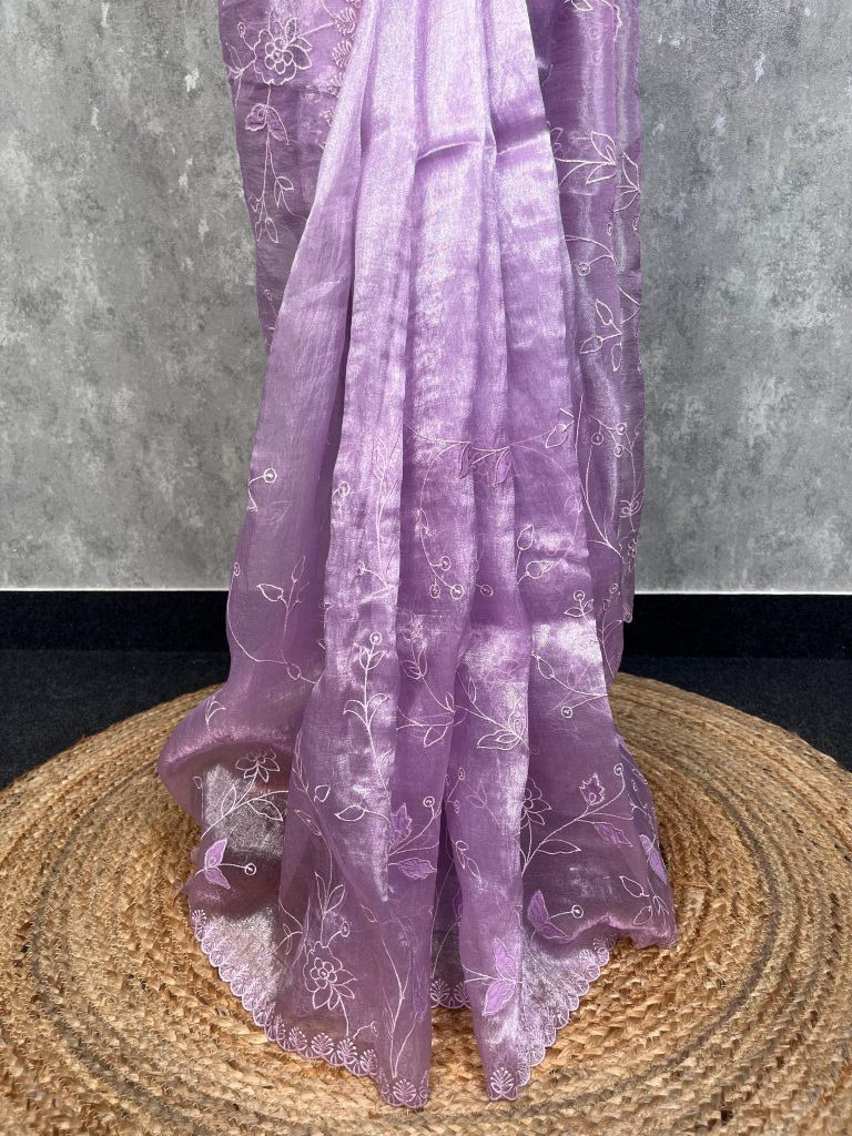 SEMI ORGANZA APPLIQUE EMBROIDERY SAREE - Image 3