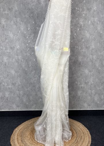 SEMI ORGANZA APPLIQUE EMBROIDERY SAREE
