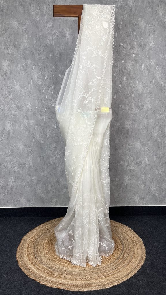 SEMI ORGANZA APPLIQUE EMBROIDERY SAREE