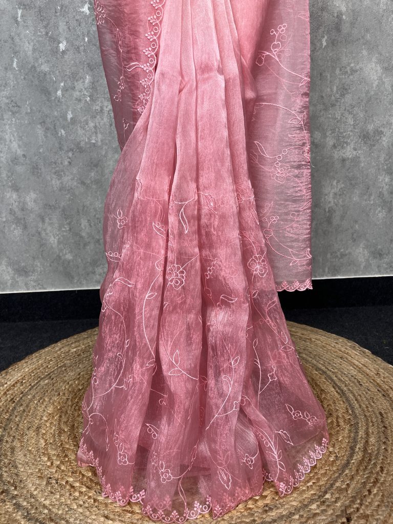 SEMI ORGANZA APPLIQUE EMBROIDERY SAREE - Image 3