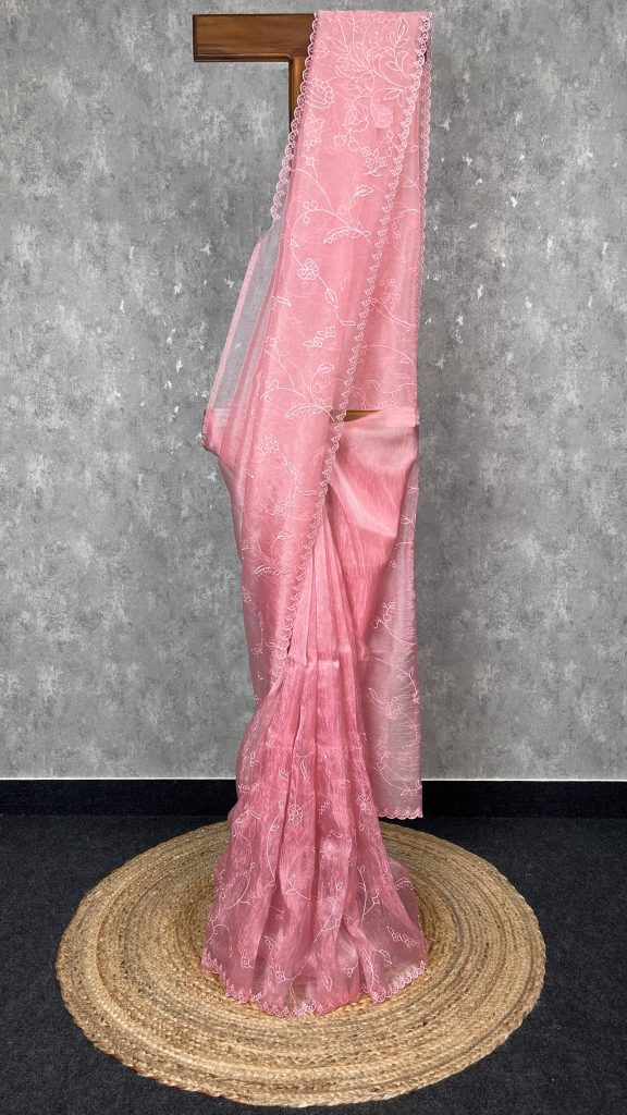 SEMI ORGANZA APPLIQUE EMBROIDERY SAREE