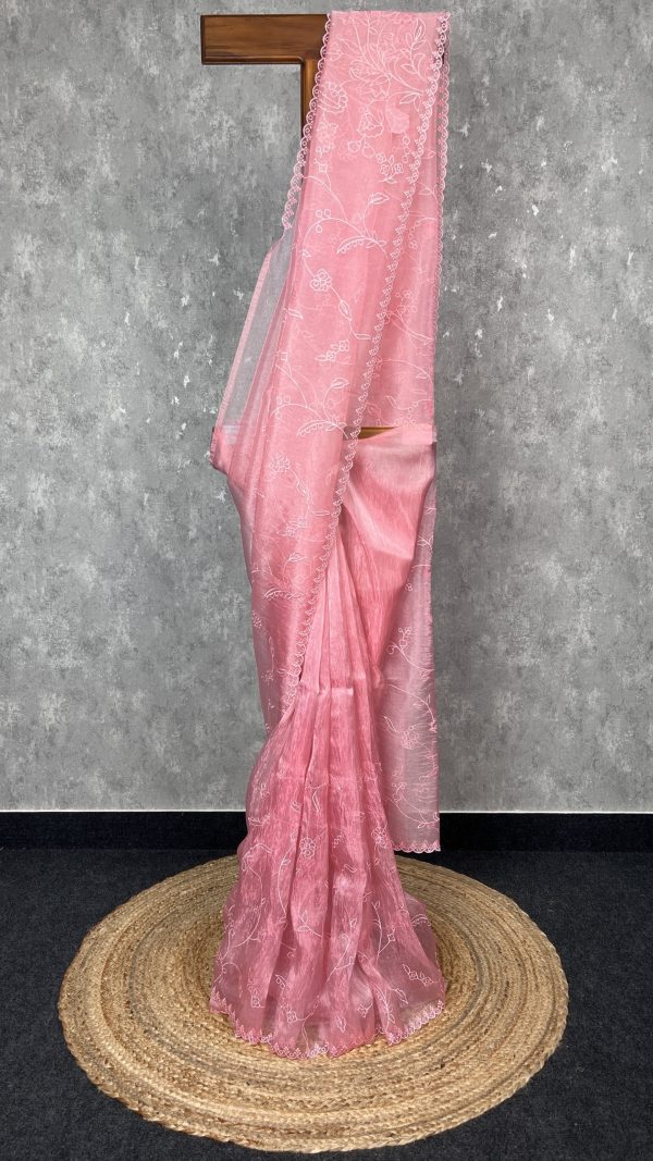 SEMI ORGANZA APPLIQUE EMBROIDERY SAREE