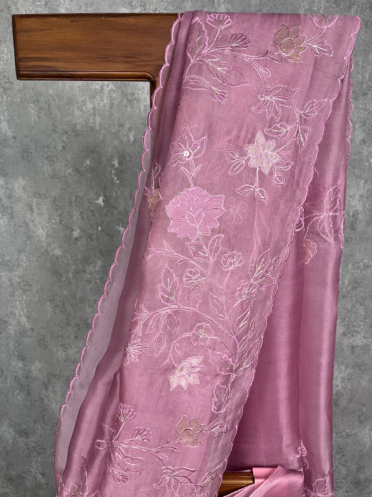 SILK ORGANZA APPLIQUE EMBROIDERY SAREE - Image 3