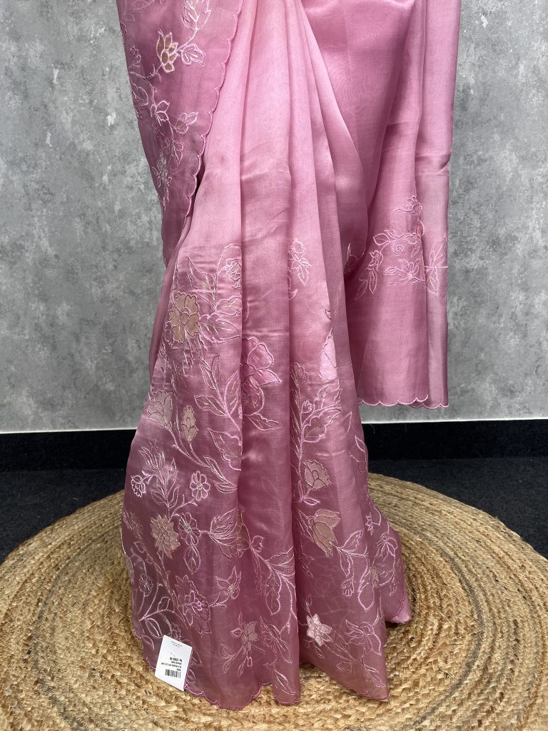 SILK ORGANZA APPLIQUE EMBROIDERY SAREE - Image 2