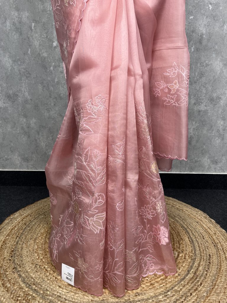 SILK ORGANZA APPLIQUE EMBROIDERY SAREE - Image 3