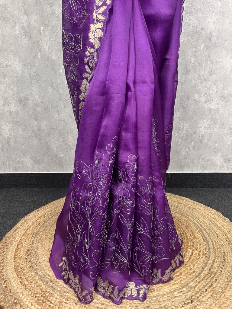 SILK ORGANZA APPLIQUE EMBROIDERY SAREE - Image 3