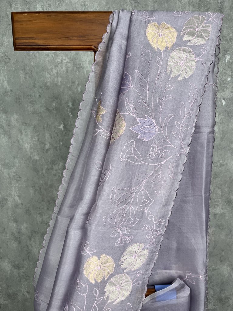 SILK ORGANZA APPLIQUE EMBROIDERY SAREE - Image 2