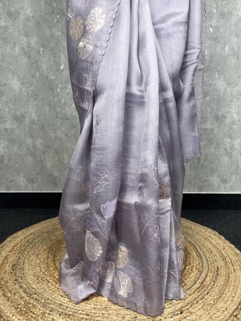 SILK ORGANZA APPLIQUE EMBROIDERY SAREE - Image 3