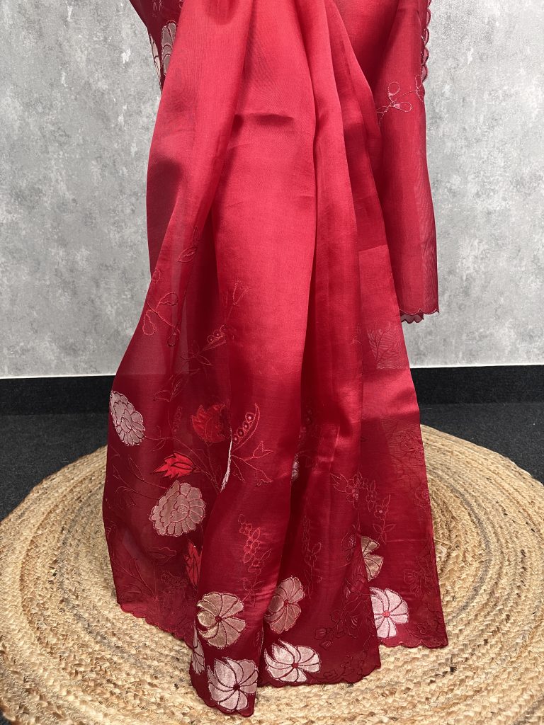 SILK ORGANZA APPLIQUE EMBROIDERY SAREE - Image 3
