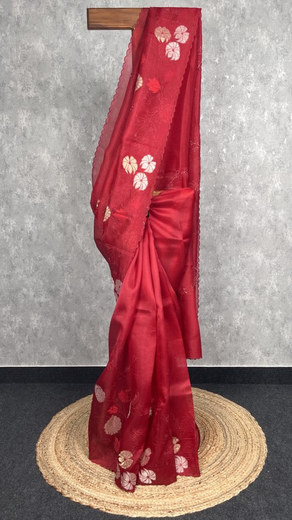 SILK ORGANZA APPLIQUE EMBROIDERY SAREE
