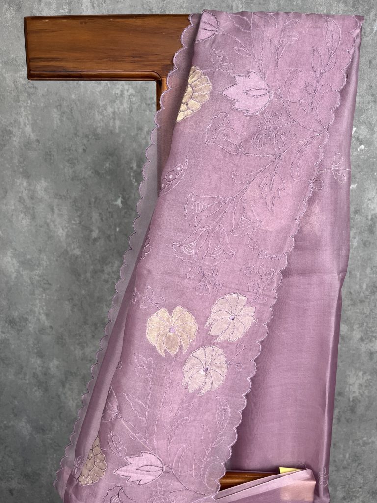 SILK ORGANZA APPLIQUE EMBROIDERY SAREE - Image 2