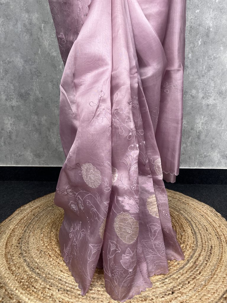 SILK ORGANZA APPLIQUE EMBROIDERY SAREE - Image 3