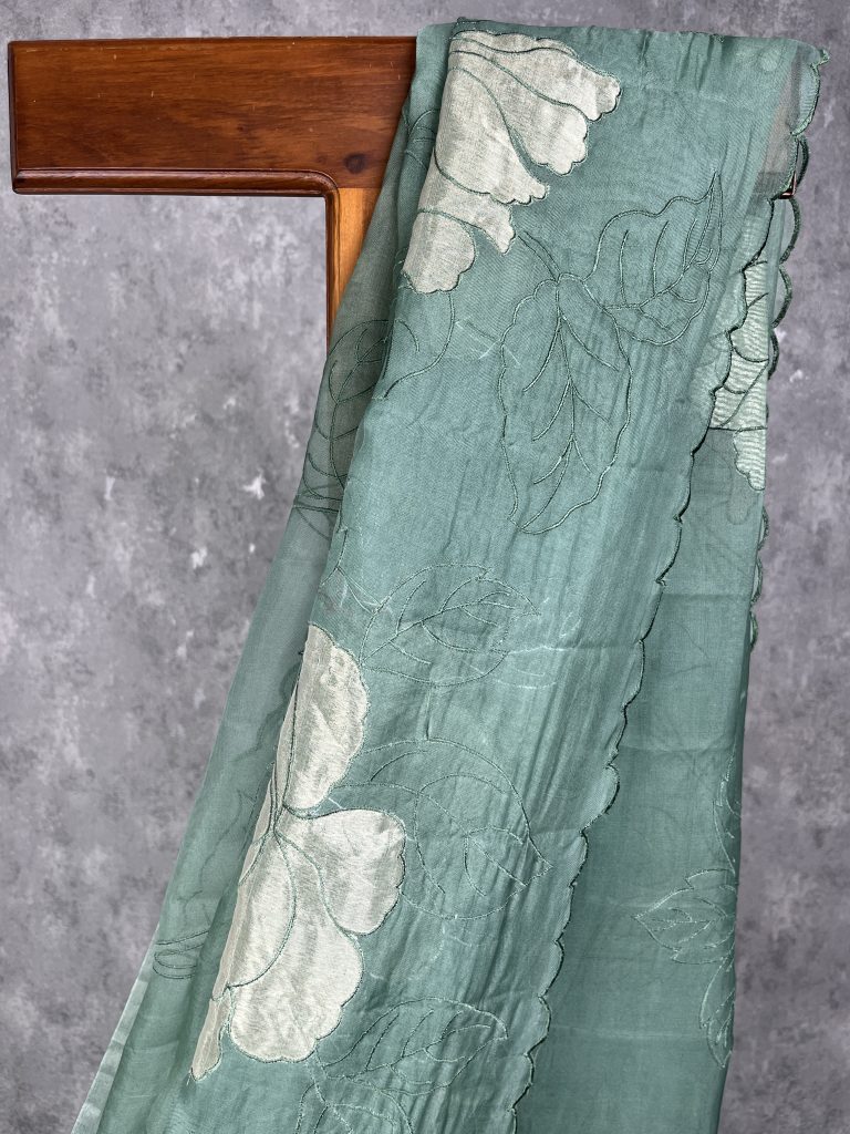 SILK ORGANZA TISSUE APPLIQUE EMBROIDERY SAREE - Image 2