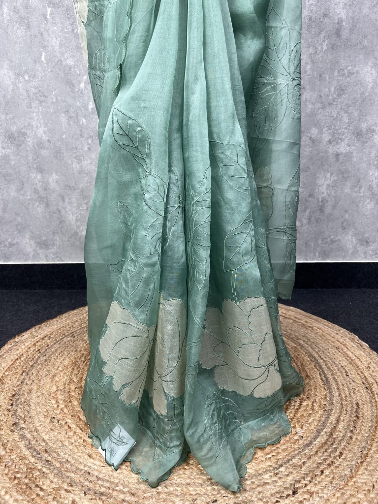 SILK ORGANZA TISSUE APPLIQUE EMBROIDERY SAREE - Image 3