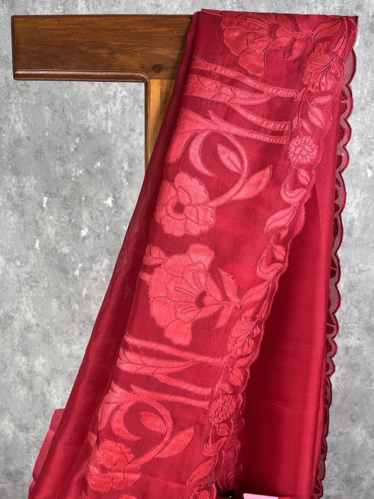 SILK ORGANZA APPLIQUE EMBROIDERY SAREE - Image 2