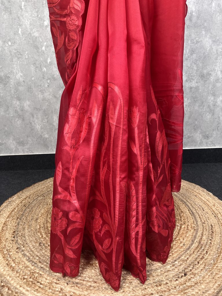 SILK ORGANZA APPLIQUE EMBROIDERY SAREE - Image 3