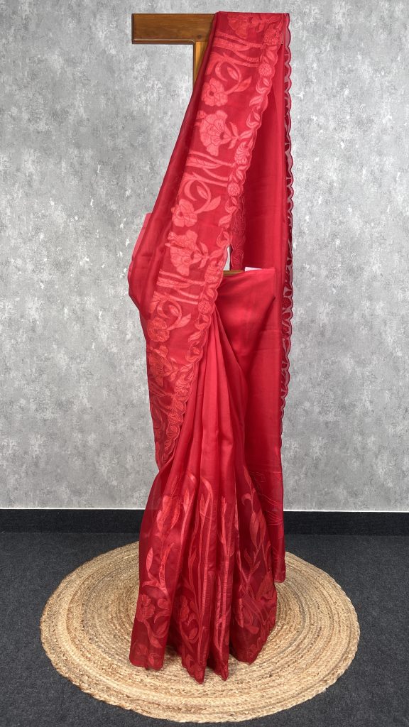 SILK ORGANZA APPLIQUE EMBROIDERY SAREE