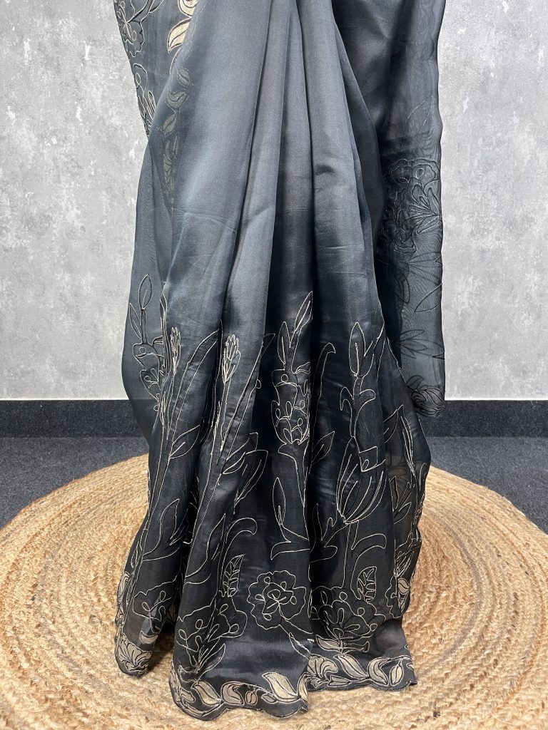 SILK ORGANZA APPLIQUE EMBROIDERY SAREE - Image 3