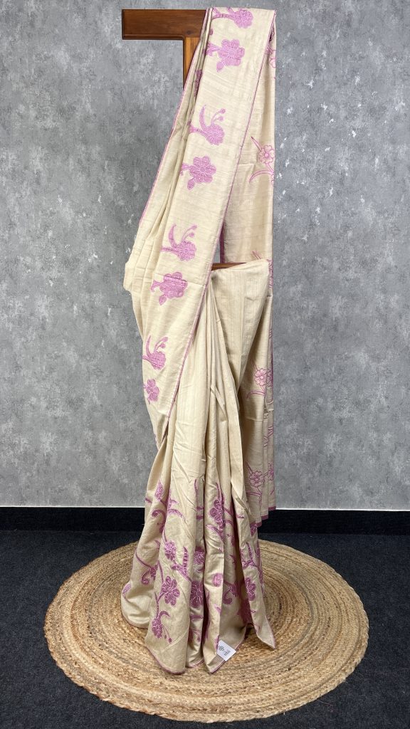 SEMI TUSSAR APPLIQUE EMBROIDERY SAREE