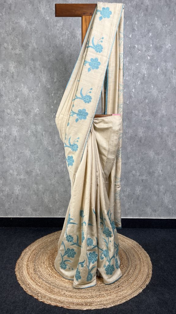 SEMI TUSSAR APPLIQUE EMBROIDERY SAREE