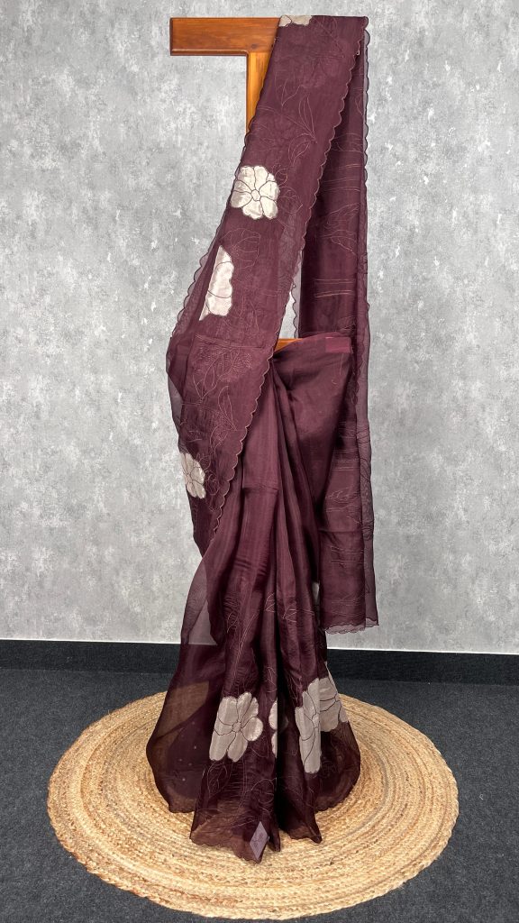 SILK ORGANZA TISSUE APPLIQUE EMBROIDERY SAREE