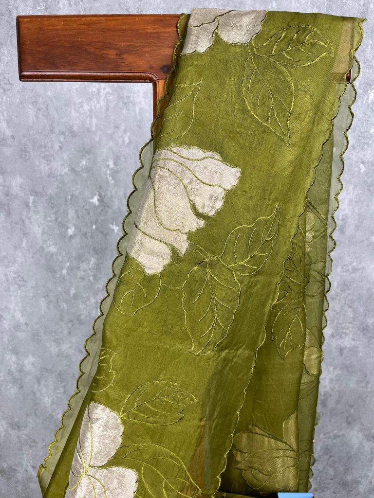 SILK ORGANZA TISSUE APPLIQUE EMBROIDERY SAREE - Image 2