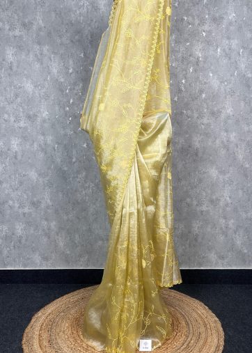 SEMI ORGANZA APPLIQUE EMBROIDERY SAREE