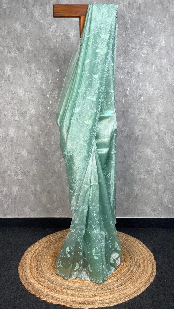 SEMI ORGANZA APPLIQUE EMBROIDERY SAREE