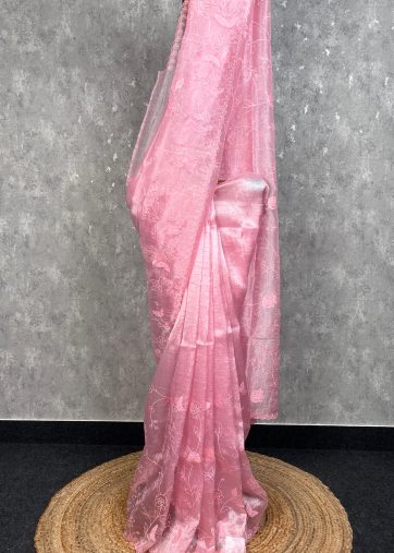 SEMI ORGANZA APPLIQUE EMBROIDERY SAREE
