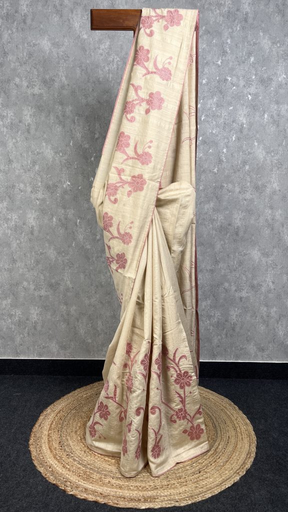 SEMI TUSSAR APPLIQUE EMBROIDERY SAREE
