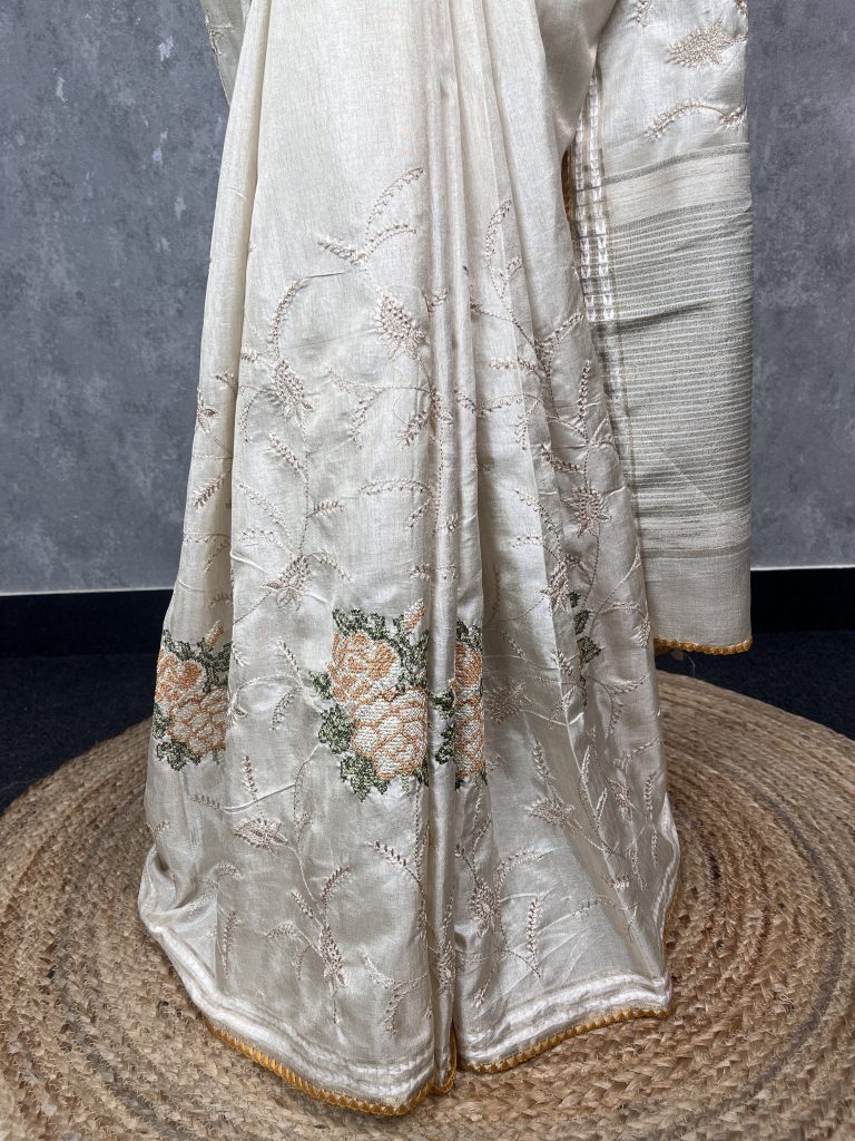 SEMI TUSSAR SILK EMBROIDERY SAREE - Image 3