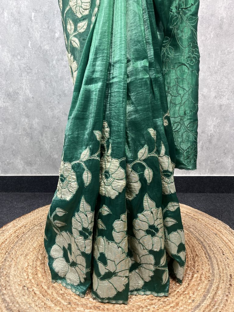 VISCOSE ORGANZA TISSUE APPLIQUE EMBROIDERY SAREE - Image 3