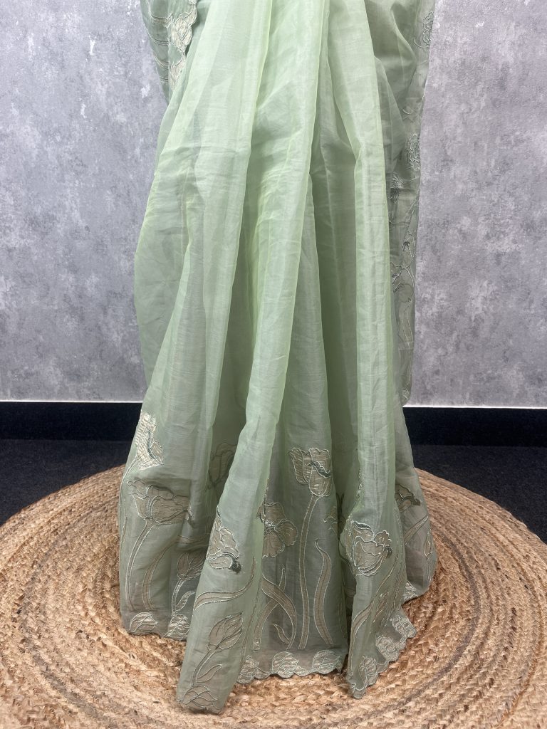 VISCOSE ORGANZA TISSUE APPLIQUE EMBROIDERY SAREE - Image 3