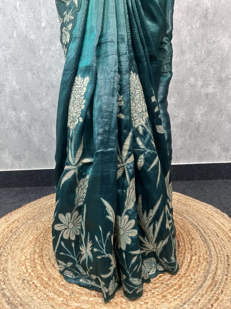 VISCOSE ORGANZA TISSUE APPLIQUE EMBROIDERY SAREE - Image 3