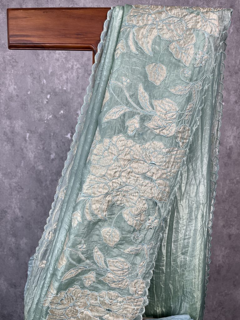 VISCOSE ORGANZA TISSUE APPLIQUE EMBROIDERY SAREE - Image 2
