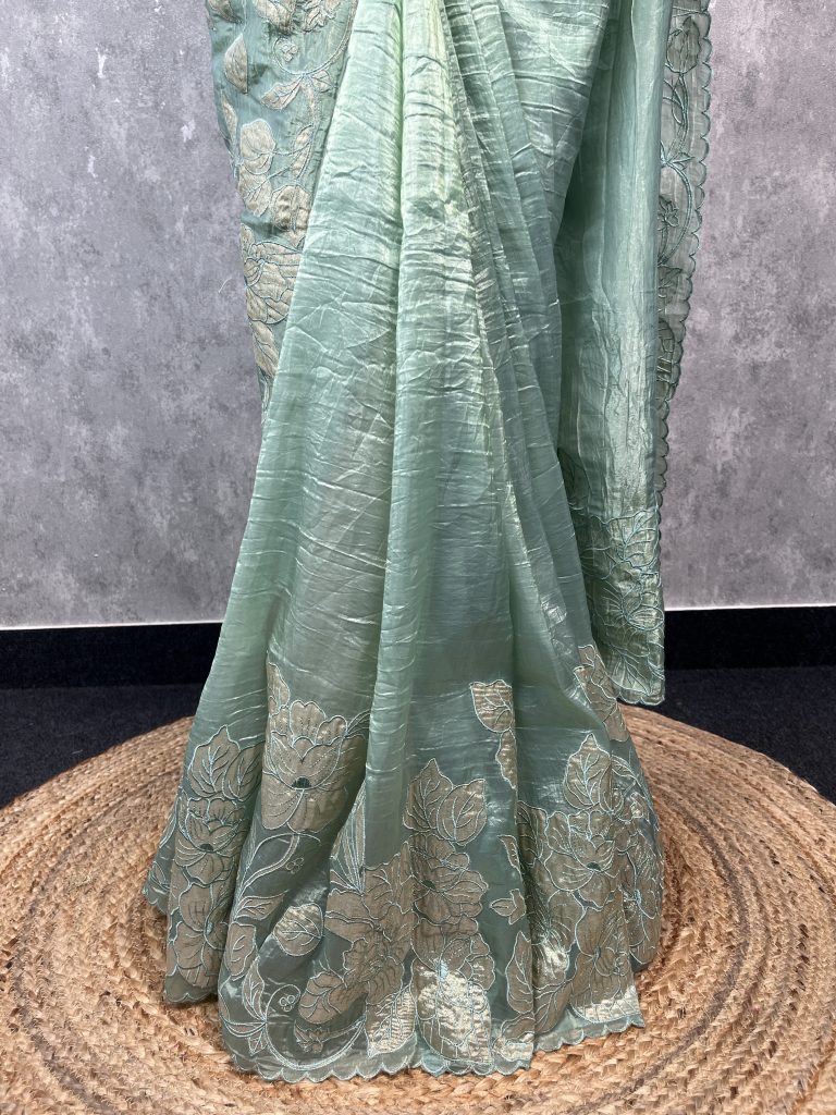VISCOSE ORGANZA TISSUE APPLIQUE EMBROIDERY SAREE - Image 3