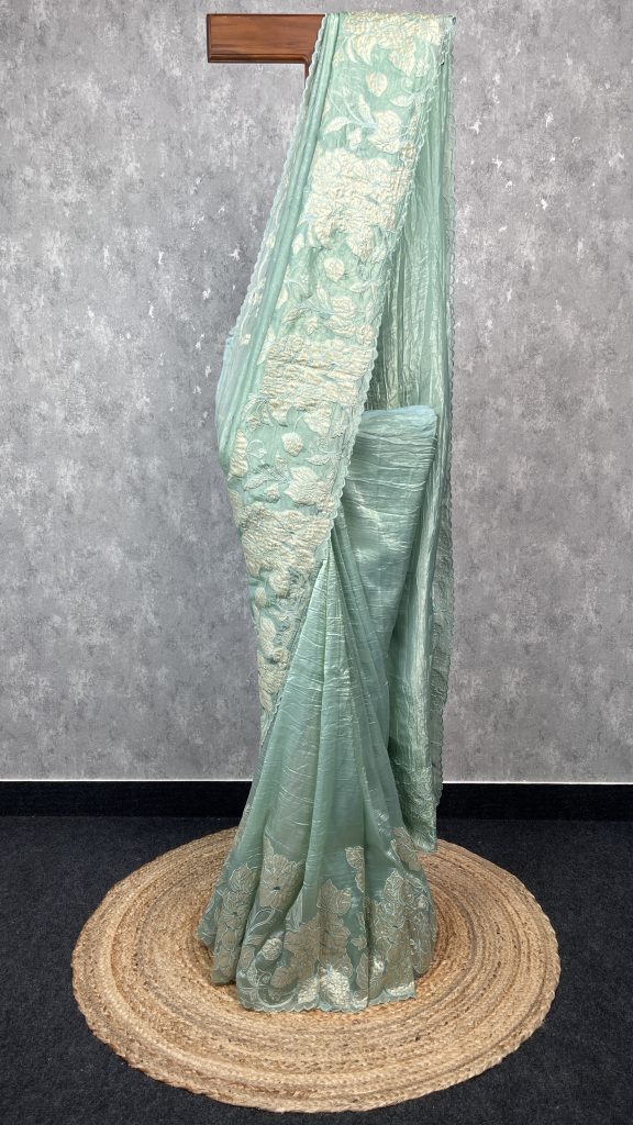 VISCOSE ORGANZA TISSUE APPLIQUE EMBROIDERY SAREE