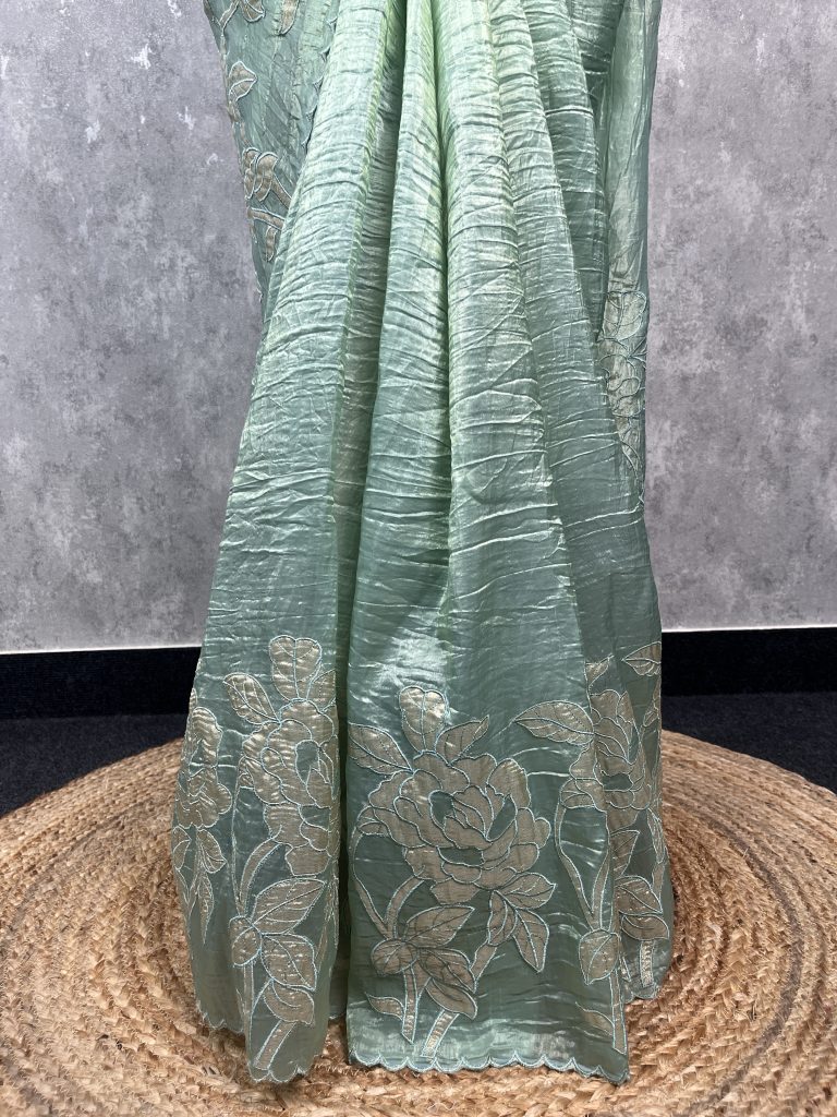 VISCOSE ORGANZA TISSUE APPLIQUE EMBROIDERY SAREE - Image 3