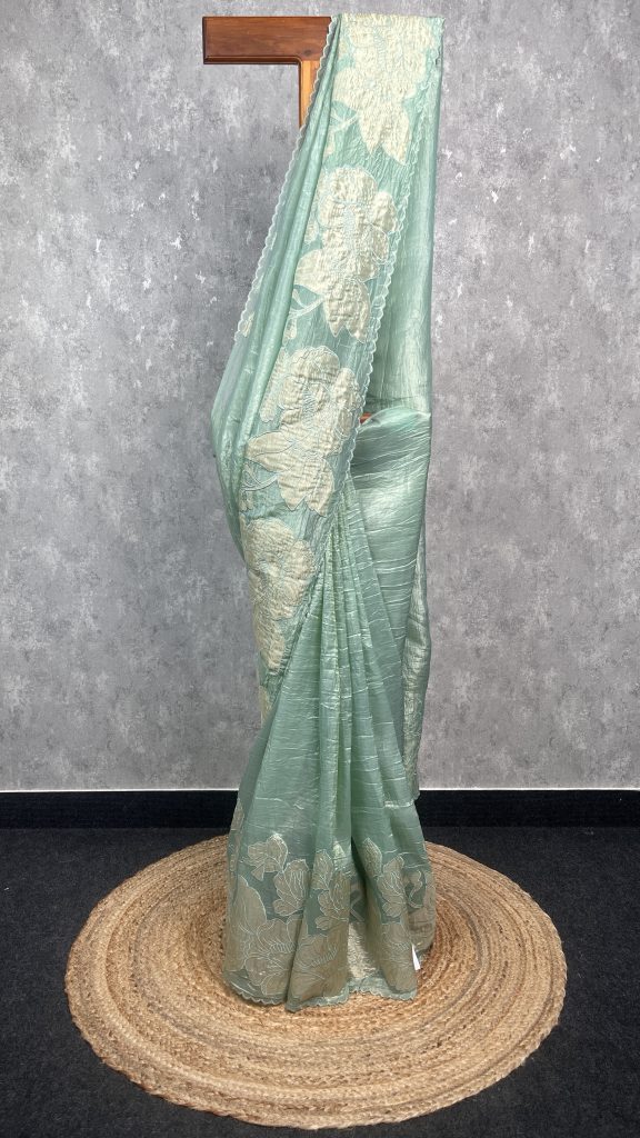 VISCOSE ORGANZA TISSUE APPLIQUE EMBROIDERY SAREE