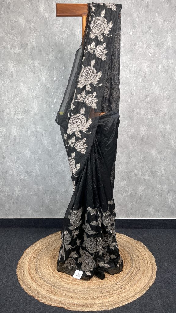 SEMI ORGANZA TISSUE APPLIQUE EMBROIDERY SAREE