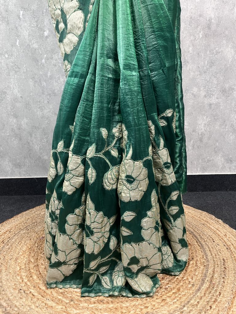VISCOSE ORGANZA TISSUE APPLIQUE EMBROIDERY SAREE - Image 3