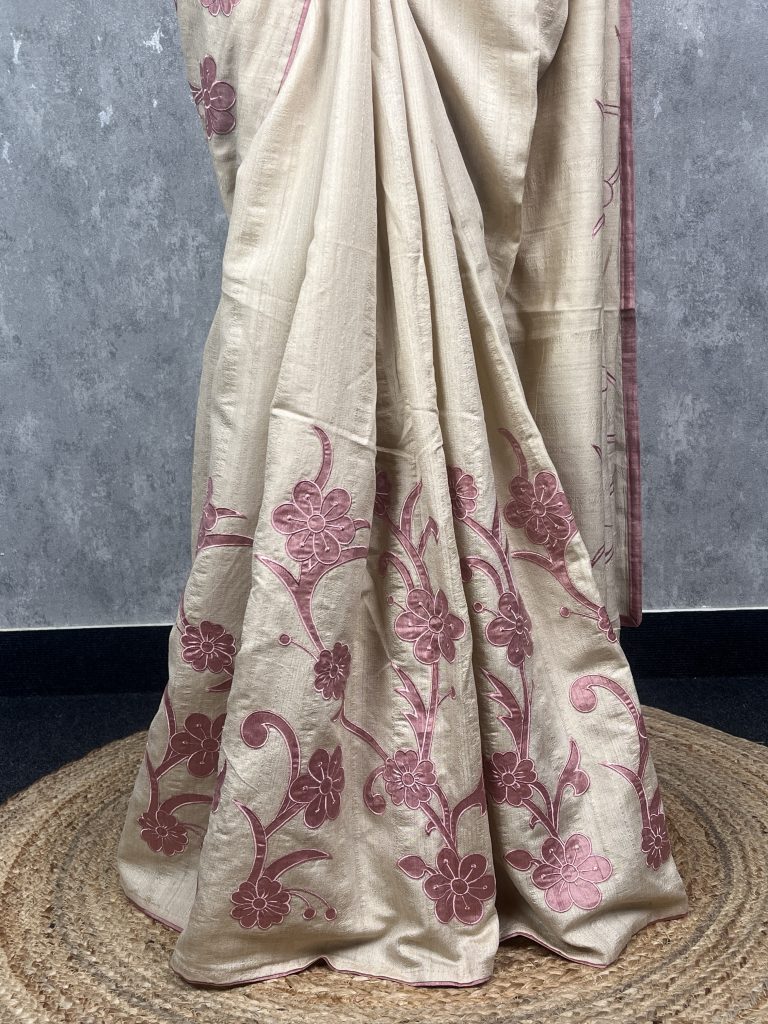 SEMI TUSSAR APPLIQUE EMBROIDERY SAREE - Image 3