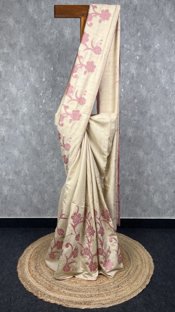 SEMI TUSSAR APPLIQUE EMBROIDERY SAREE