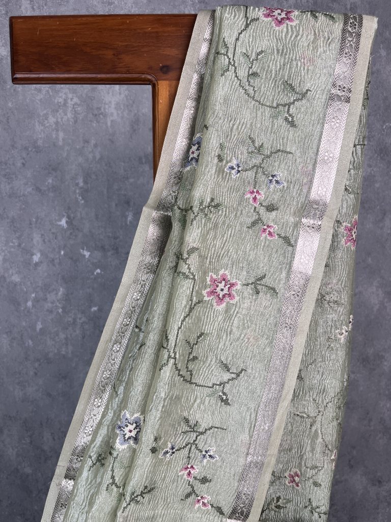 SEMI ORGANZA CROSS STITCH EMBROIDERY SAREE - Image 2