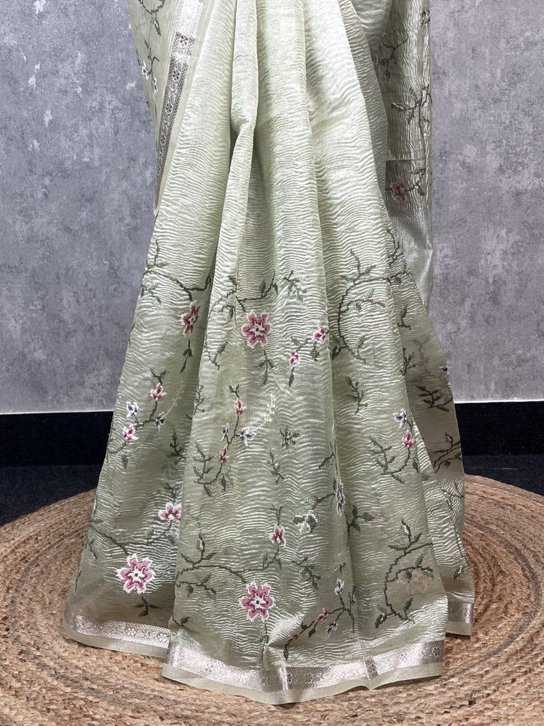 SEMI ORGANZA CROSS STITCH EMBROIDERY SAREE - Image 3