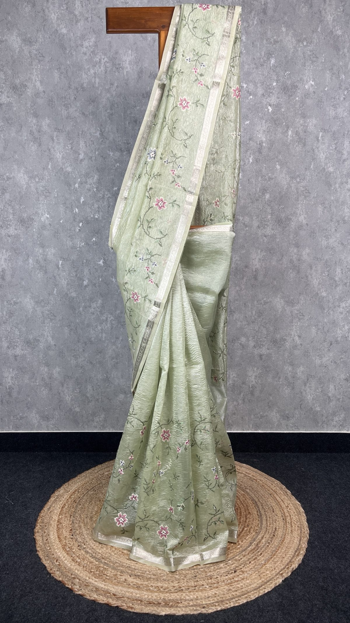 SEMI ORGANZA CROSS STITCH EMBROIDERY SAREE