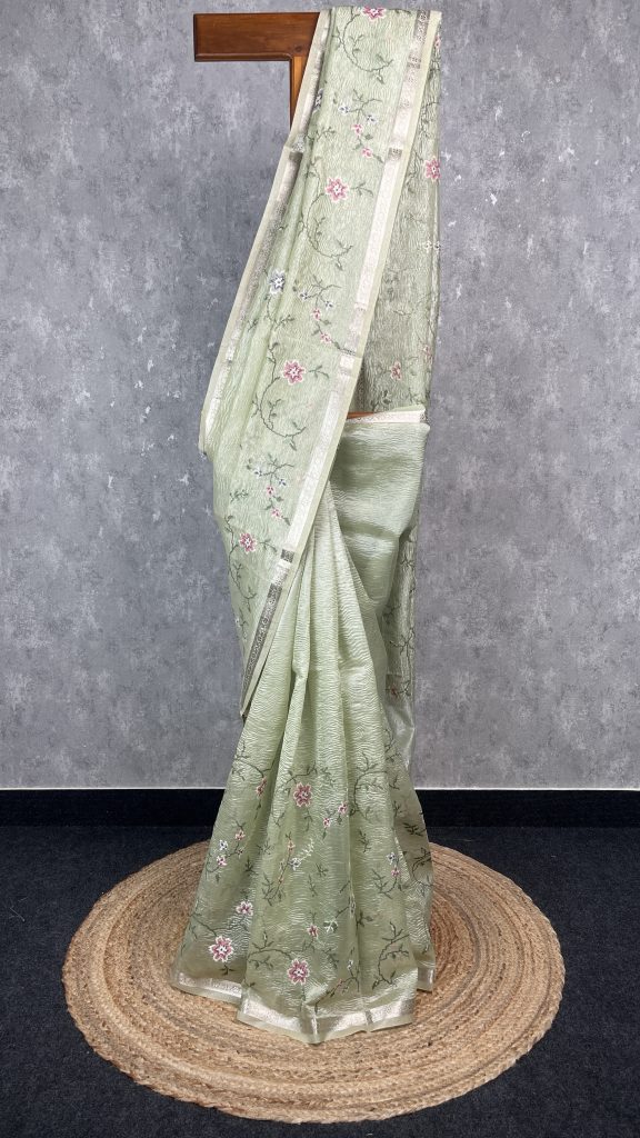 SEMI ORGANZA CROSS STITCH EMBROIDERY SAREE