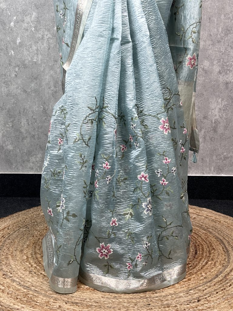 SEMI ORGANZA CROSS STITCH EMBROIDERY SAREE - Image 3