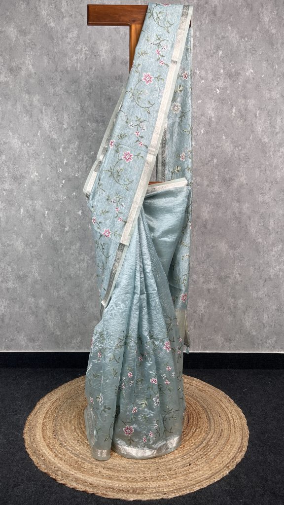 SEMI ORGANZA CROSS STITCH EMBROIDERY SAREE